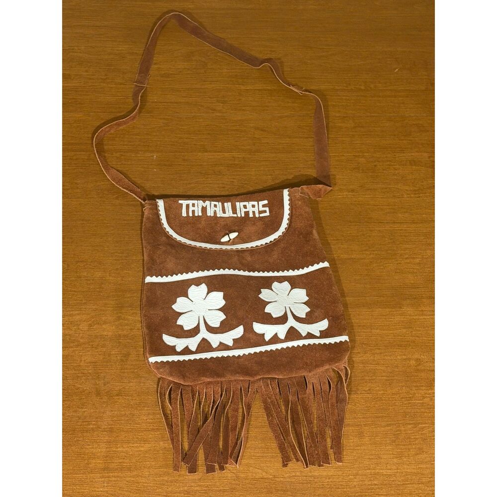 Vintage Tamaulipas Leather Suede Fringe Crossbody Bag Mexican Souvenir Purse